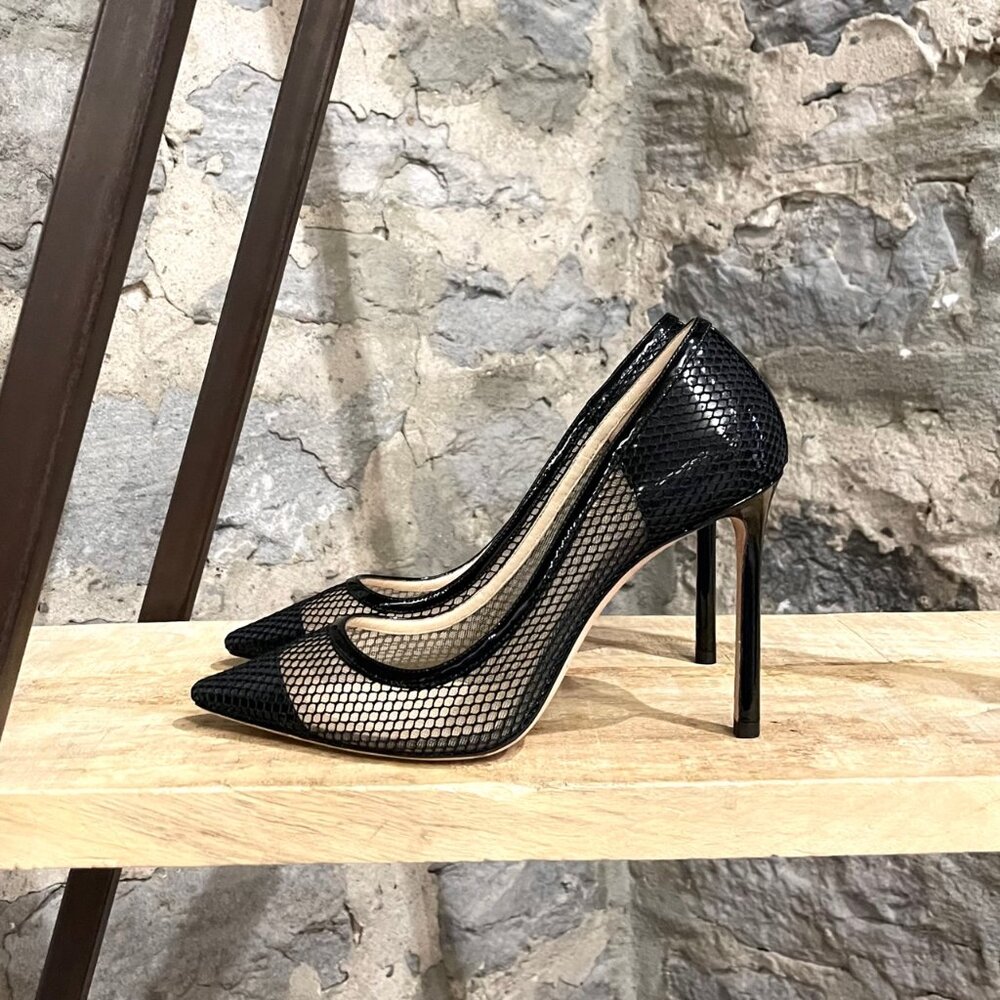Jimmy Choo Black Patent Romy Mesh 100 Pumps - Picture 6 of 11